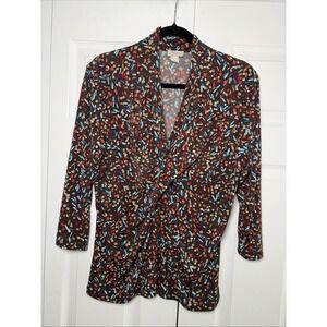 Yvos Twist Front V-Neck Top Womens Size L Brown Multi Confetti Abstract Stretch